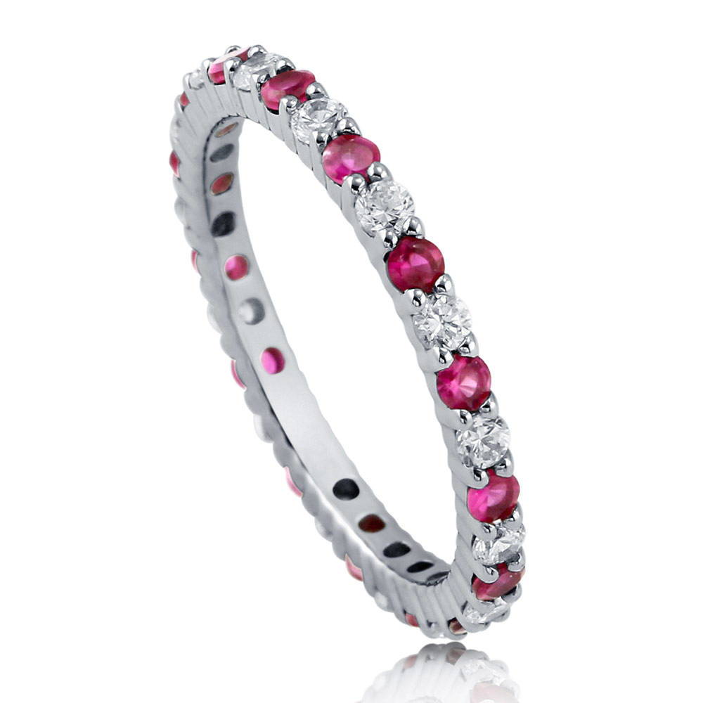 Front view of Simulated Ruby Pave Set CZ Stackable Eternity Ring in Sterling Silver