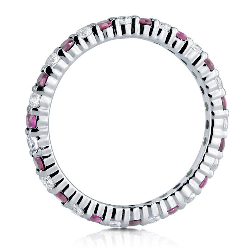 Angle view of Simulated Ruby Pave Set CZ Stackable Eternity Ring in Sterling Silver