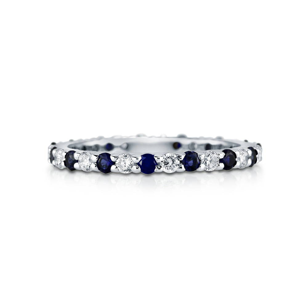 Simulated Blue Sapphire Pave Set CZ Eternity Ring in Sterling Silver, 1 of 12