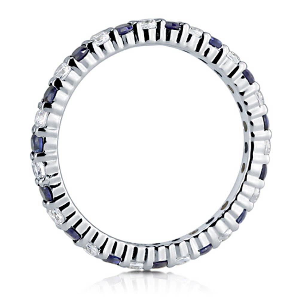 Simulated Blue Sapphire Pave Set CZ Eternity Ring in Sterling Silver, side view