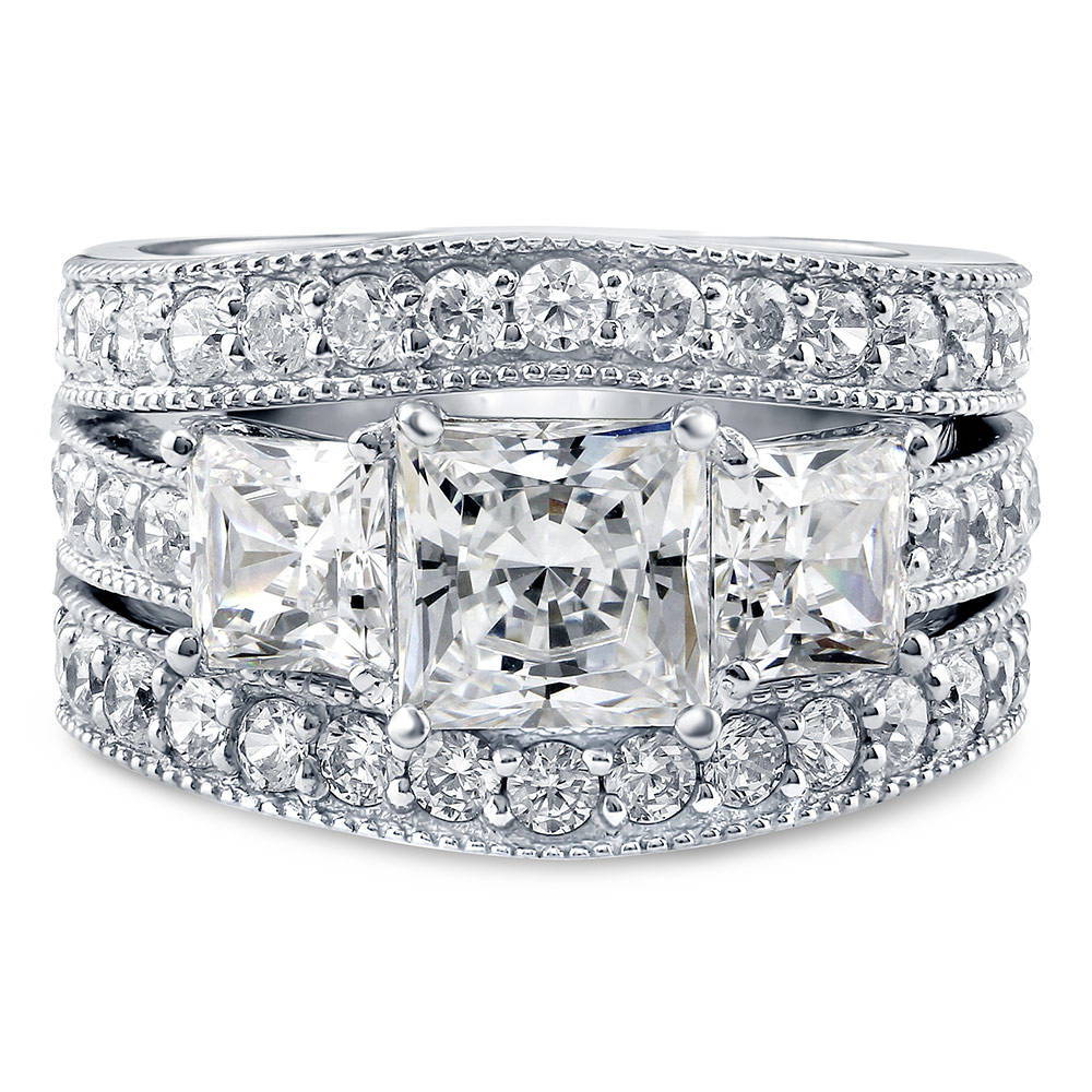 3-Stone Princess CZ Ring Set in Sterling Silver