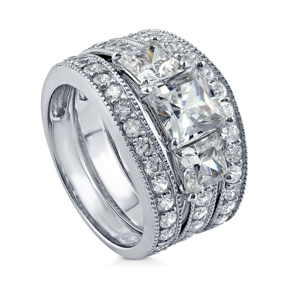 Front view of 3-Stone Princess CZ Ring Set in Sterling Silver