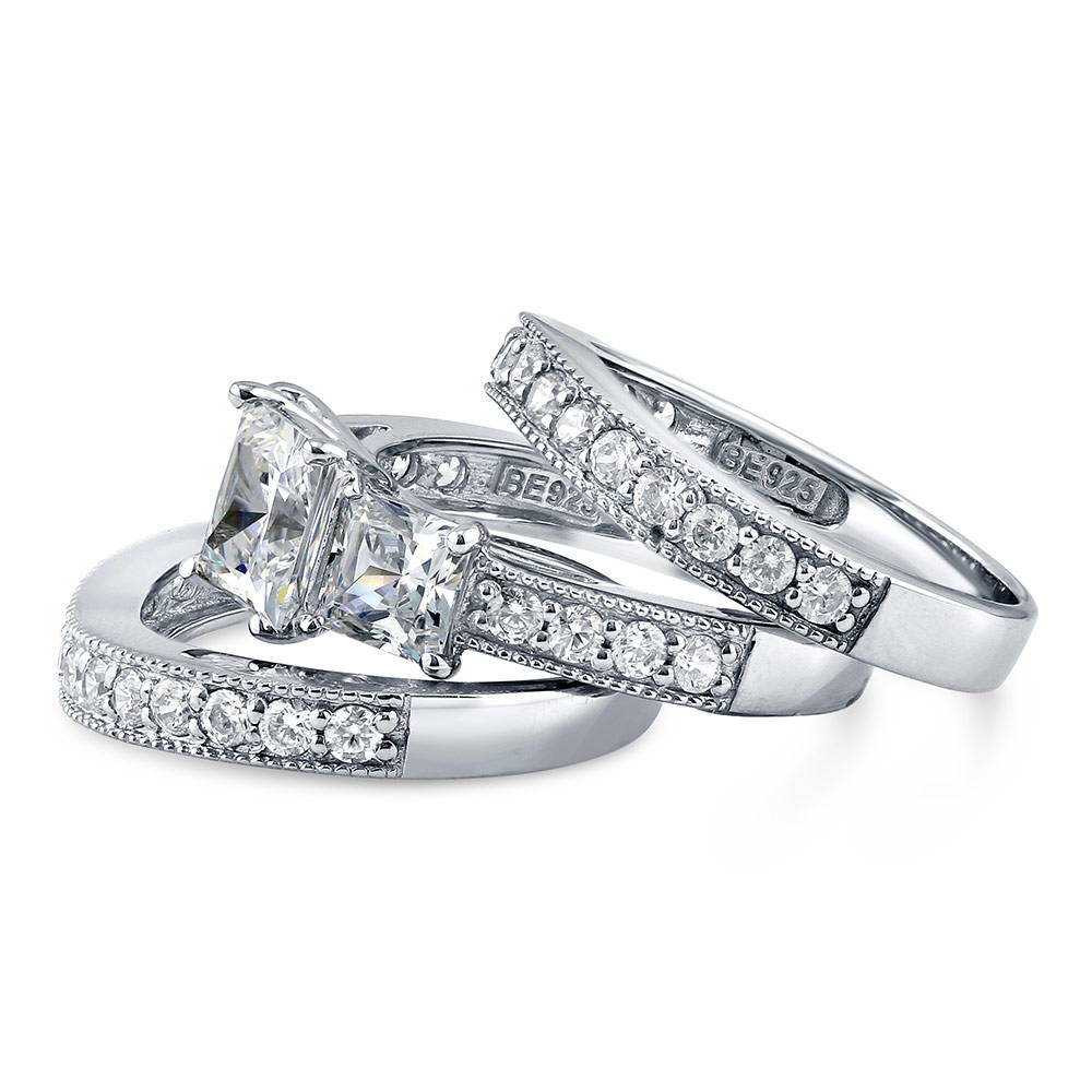 3-Stone Princess CZ Ring Set in Sterling Silver