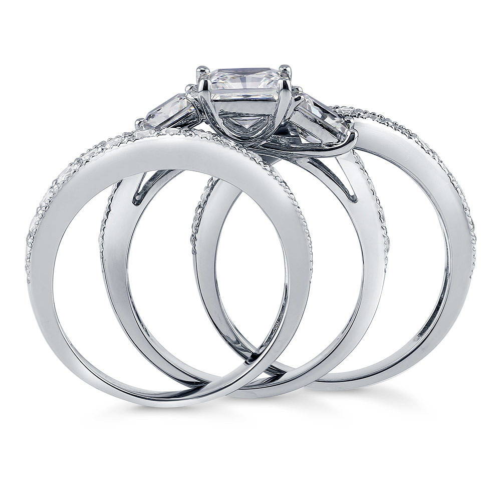 Alternate view of 3-Stone Princess CZ Ring Set in Sterling Silver