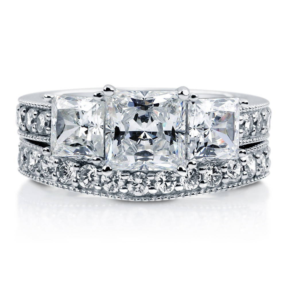 3-Stone Princess CZ Ring Set in Sterling Silver