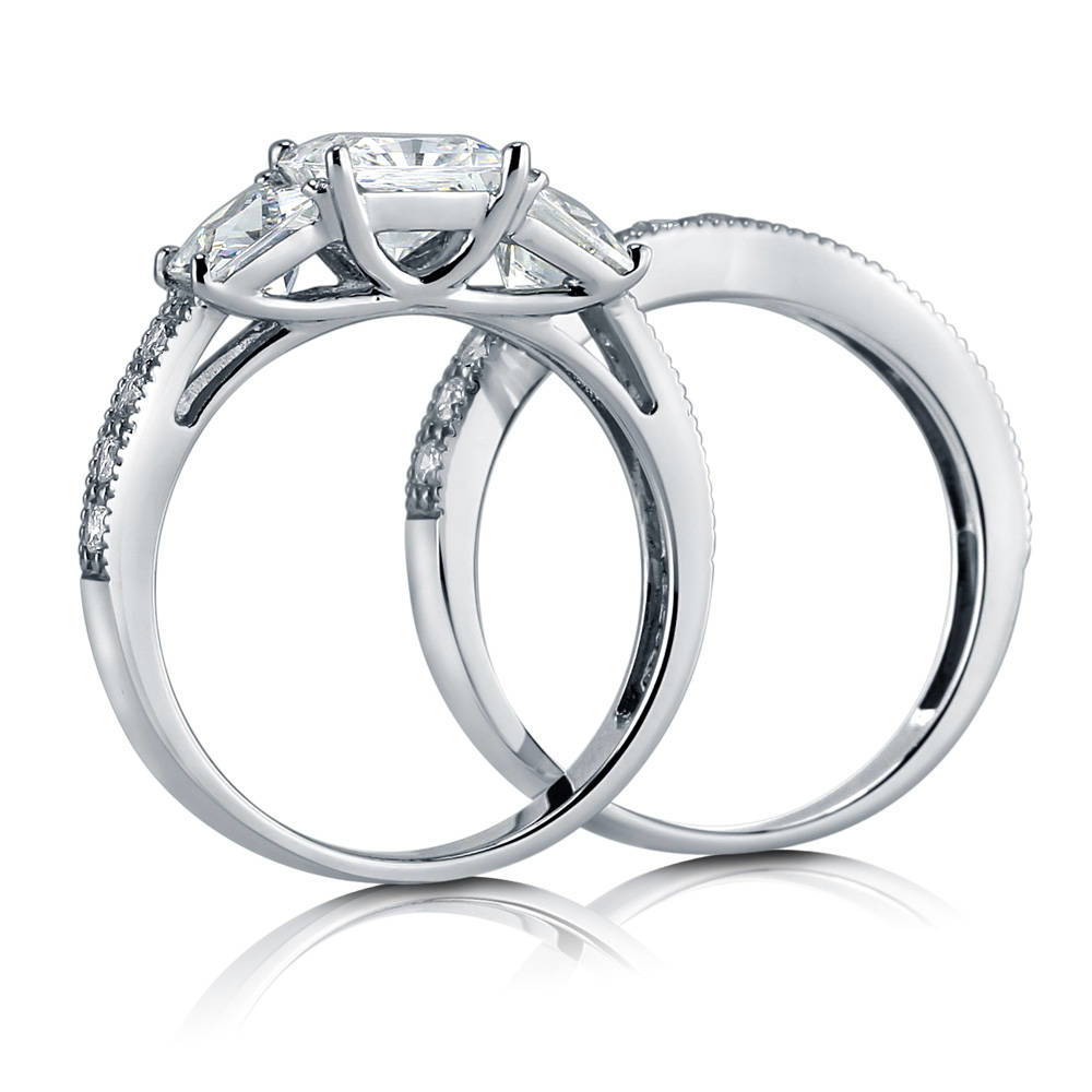 Alternate view of 3-Stone Princess CZ Ring Set in Sterling Silver