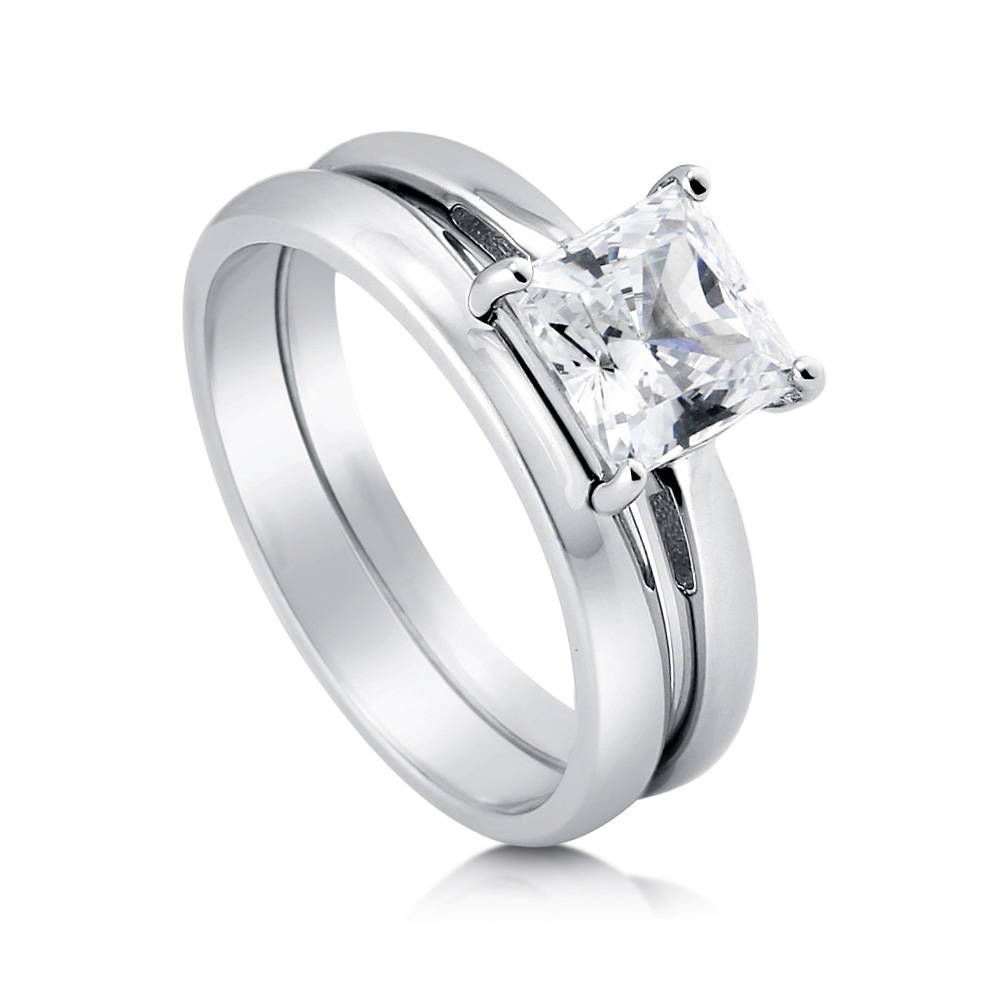 Front view of Solitaire 1.6ct Princess CZ Ring Set in Sterling Silver