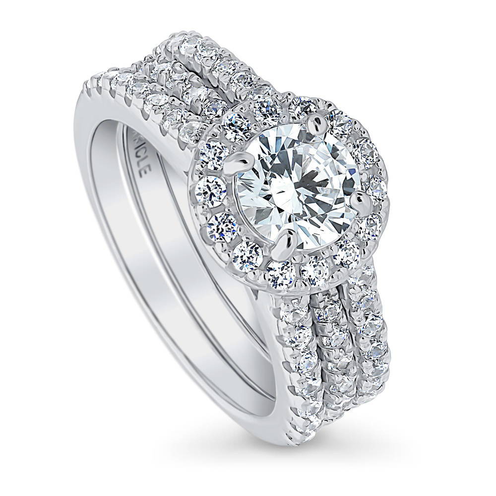 Halo Round CZ Insert Ring Set in Sterling Silver, front view