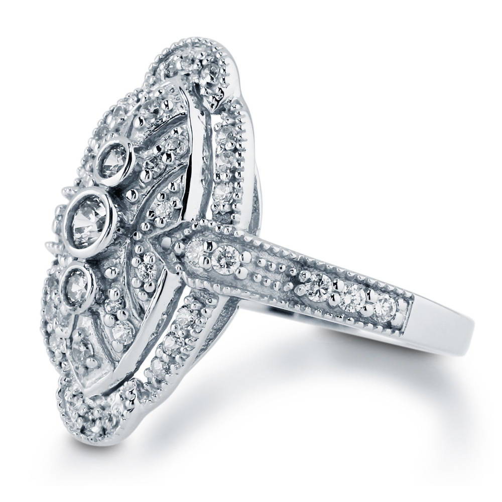 Navette Art Deco Milgrain CZ Ring in Sterling Silver