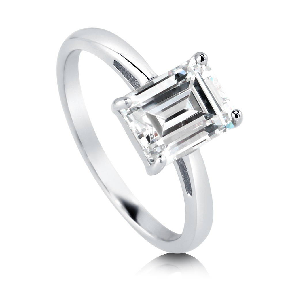 Solitaire 2.1ct Emerald Cut CZ Ring in Sterling Silver, front view
