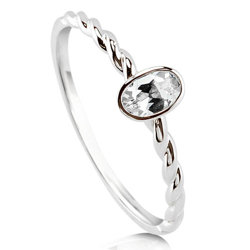 Front view of Solitaire Cable Bezel Set Oval Topaz Ring in 10K White Gold