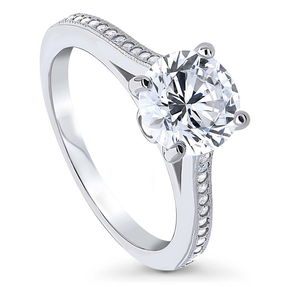 Front view of Solitaire Milgrain 2ct Round CZ Ring in Sterling Silver