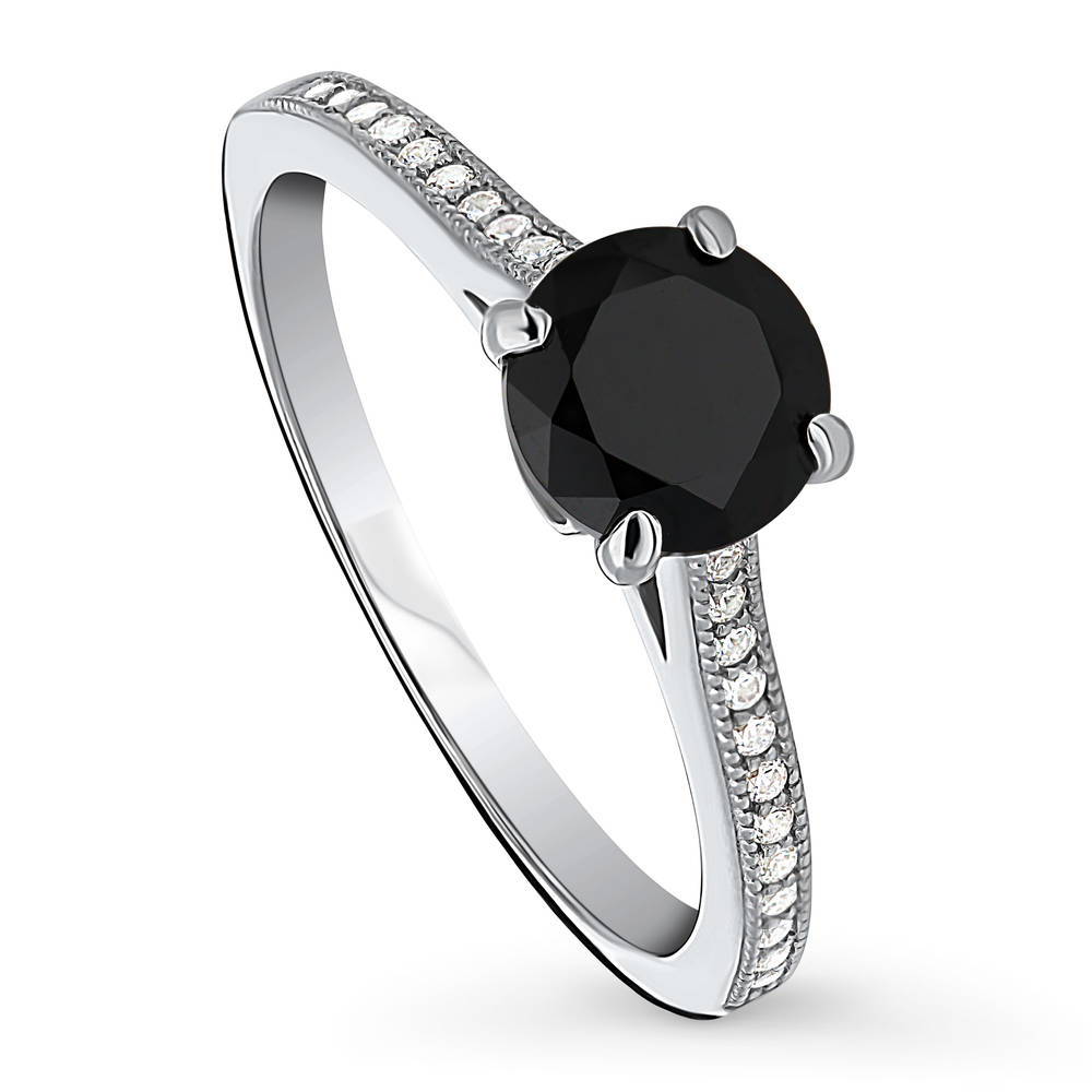 Front view of Solitaire Black and White Round CZ Ring in Sterling Silver 1ct