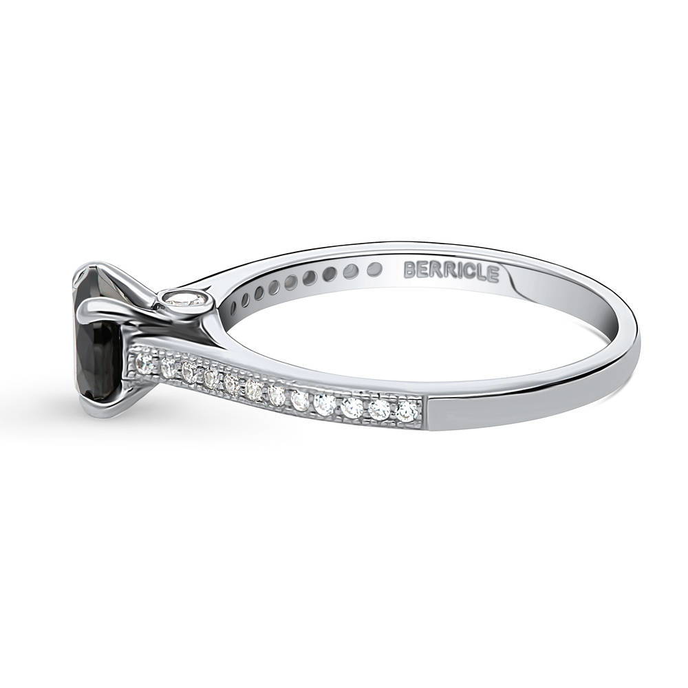 Angle view of Solitaire Black and White Round CZ Ring in Sterling Silver 1ct