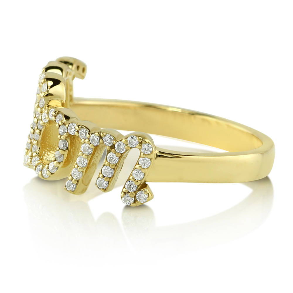 Angle view of Mom CZ Ring in Gold Flashed Sterling Silver