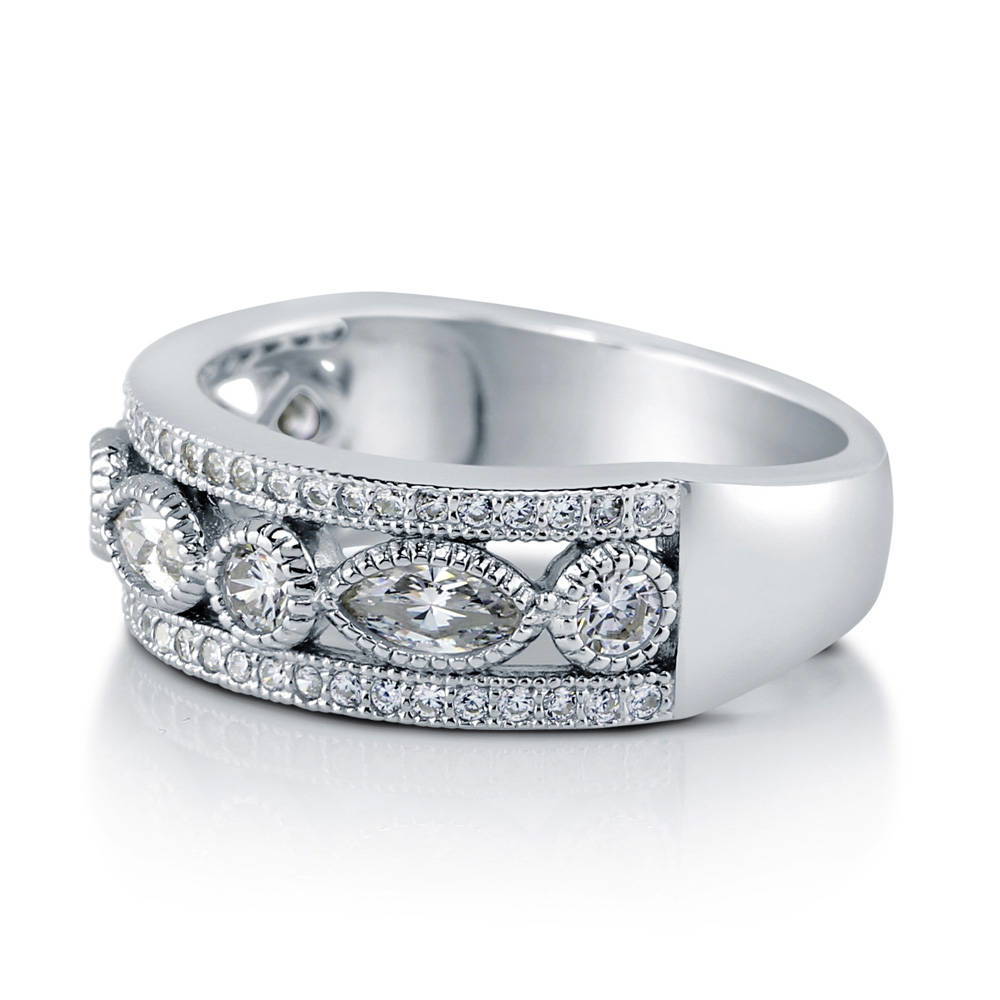 Angle view of Art Deco Milgrain Bezel Set CZ Half Eternity Ring in Sterling Silver