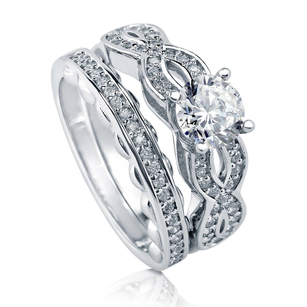 Front view of Woven Solitaire CZ Ring Set in Sterling Silver