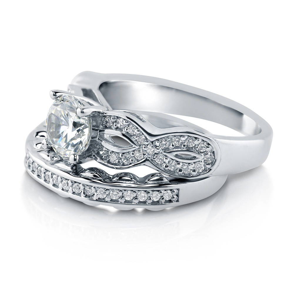 Angle view of Woven Solitaire CZ Ring Set in Sterling Silver