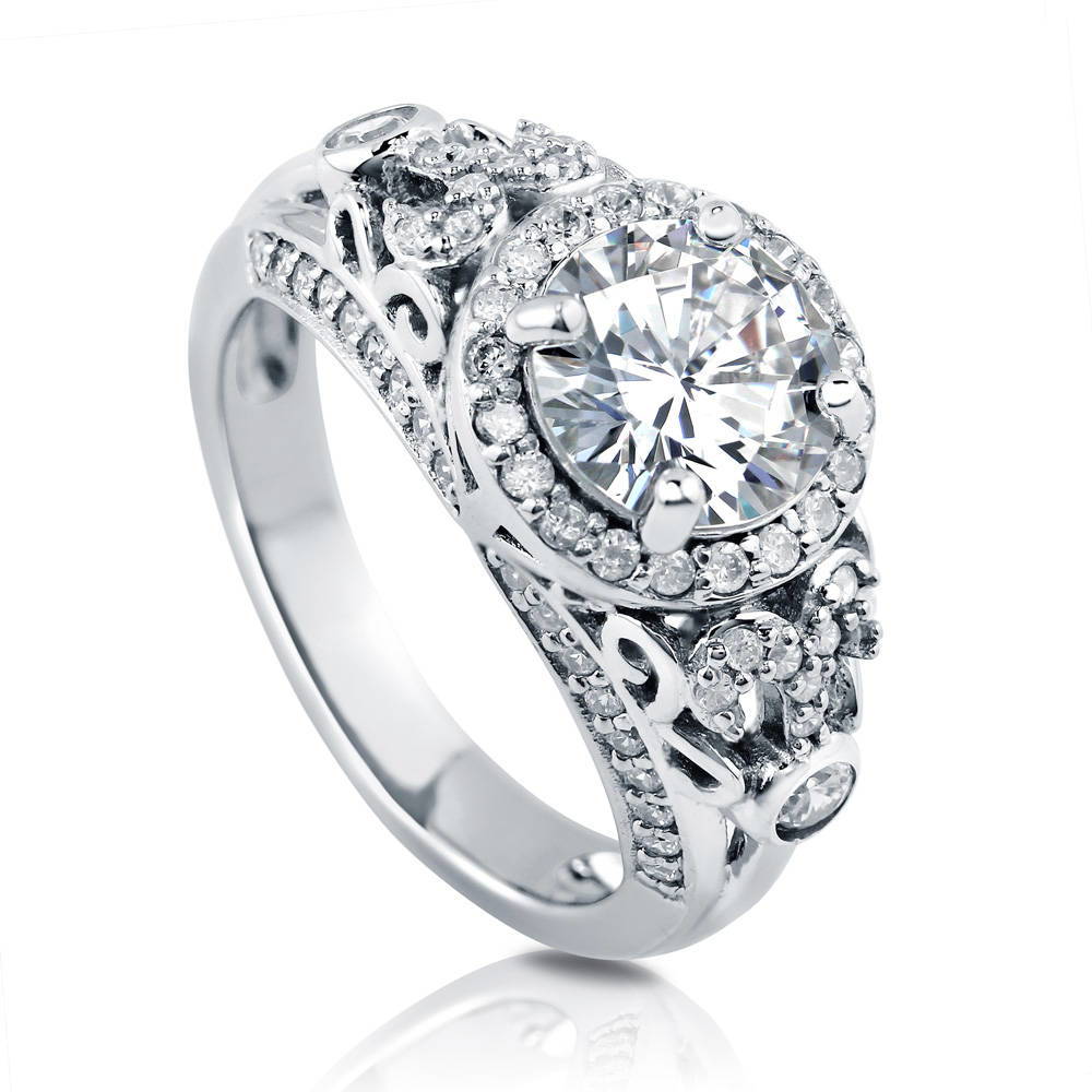 Front view of Halo Art Deco Round CZ Ring in Sterling Silver
