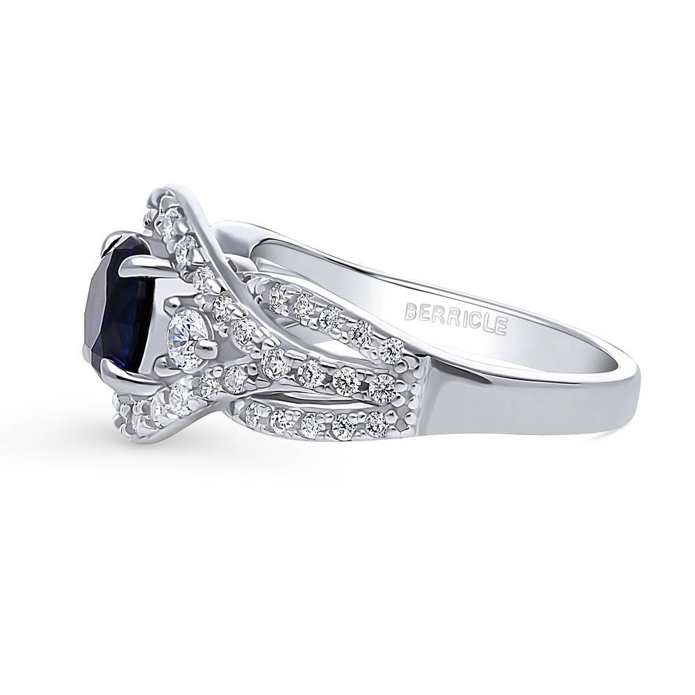 Angle view of 3-Stone Woven Simulated Blue Sapphire Round CZ Ring in Sterling Silver