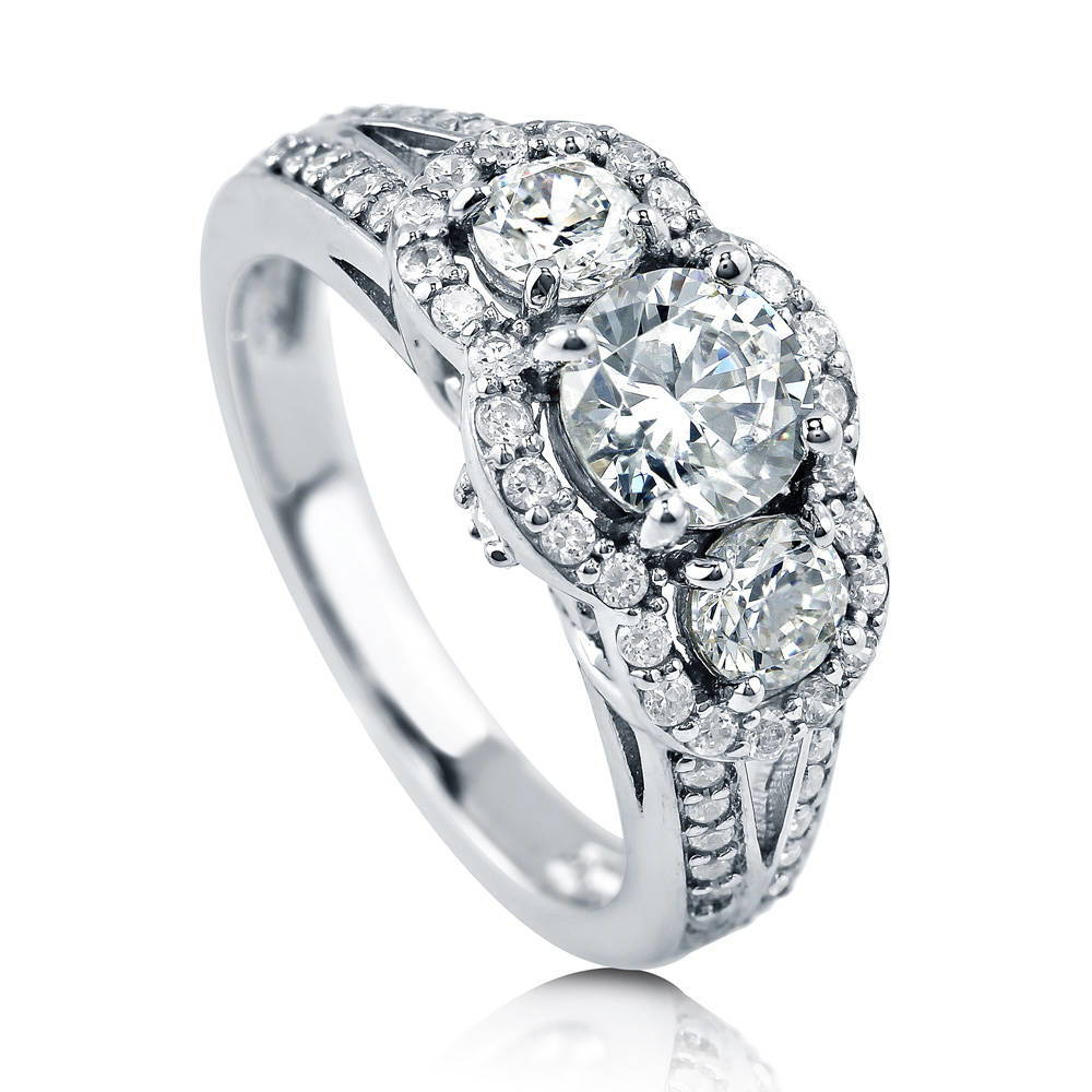 3-Stone Round CZ Split Shank Ring in Sterling Silver, front view