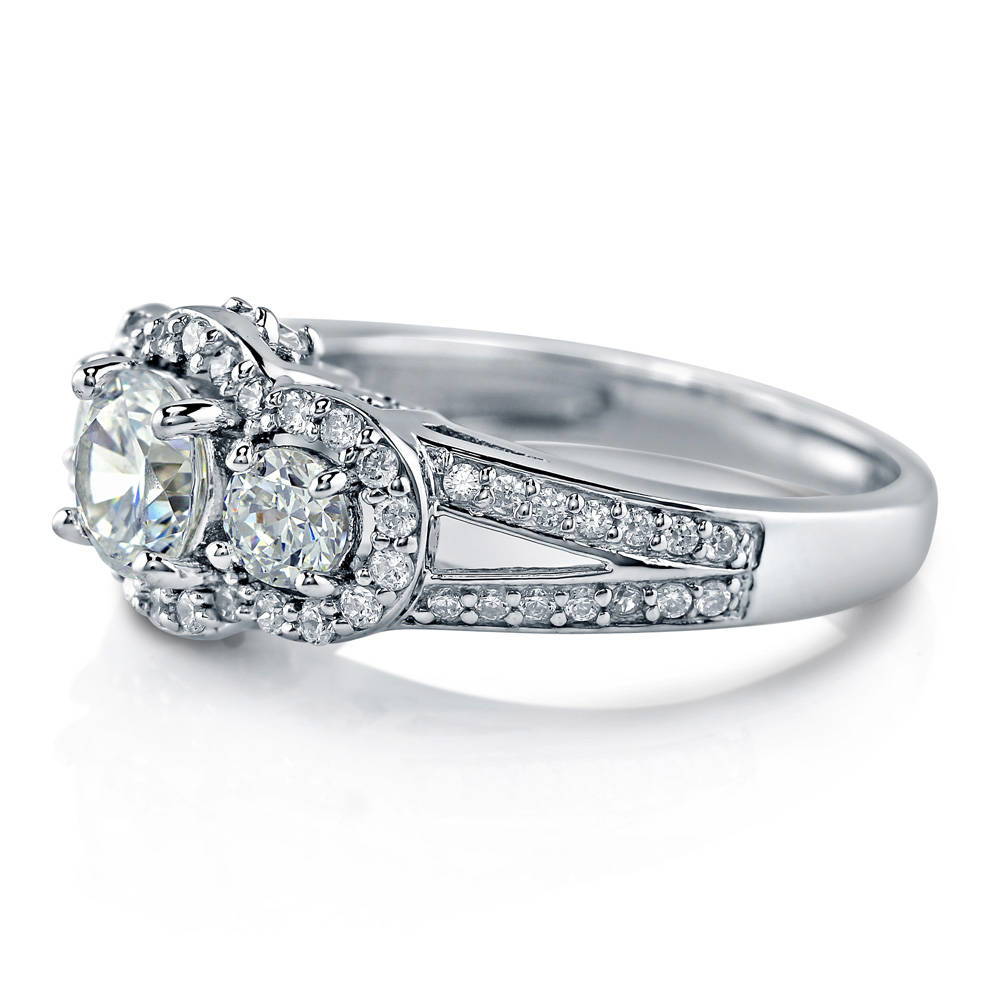 3-Stone Round CZ Split Shank Ring in Sterling Silver, side view