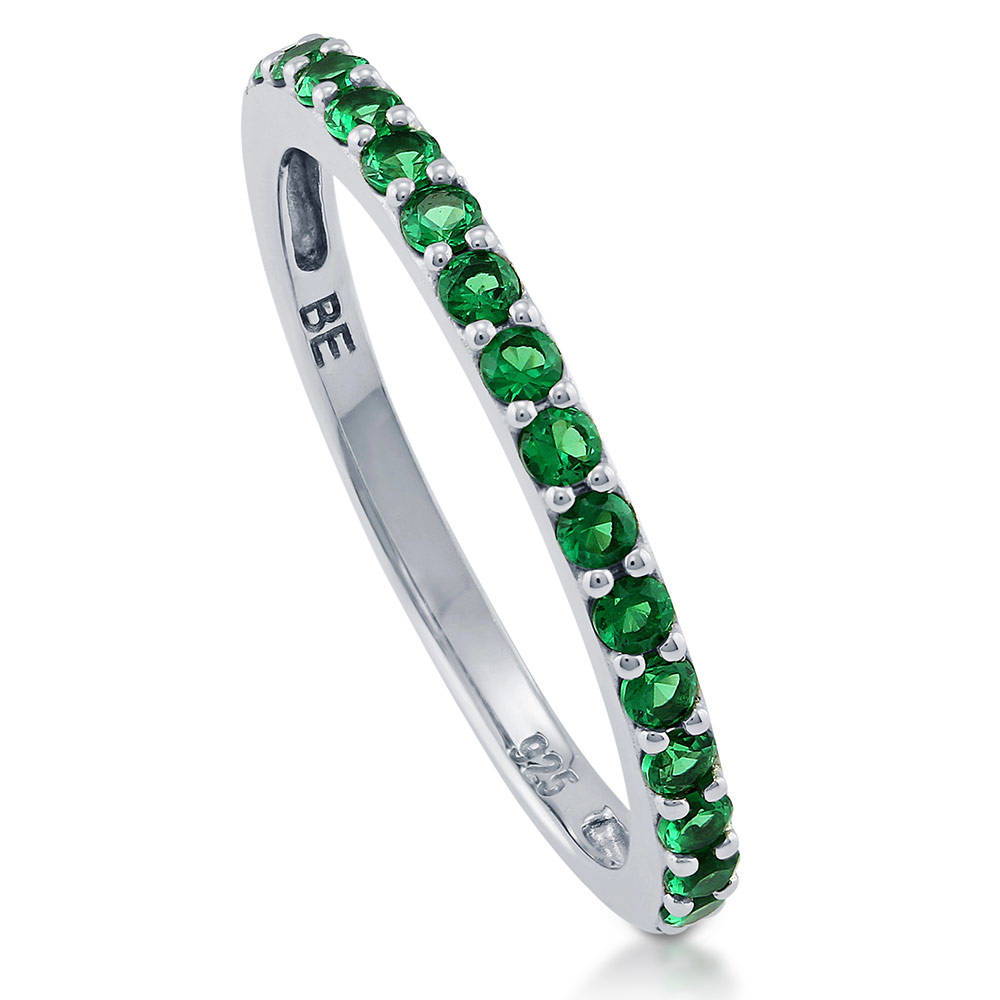 Front view of Simulated Emerald Pave Set CZ Half Eternity Ring in Sterling Silver, 4 of 7