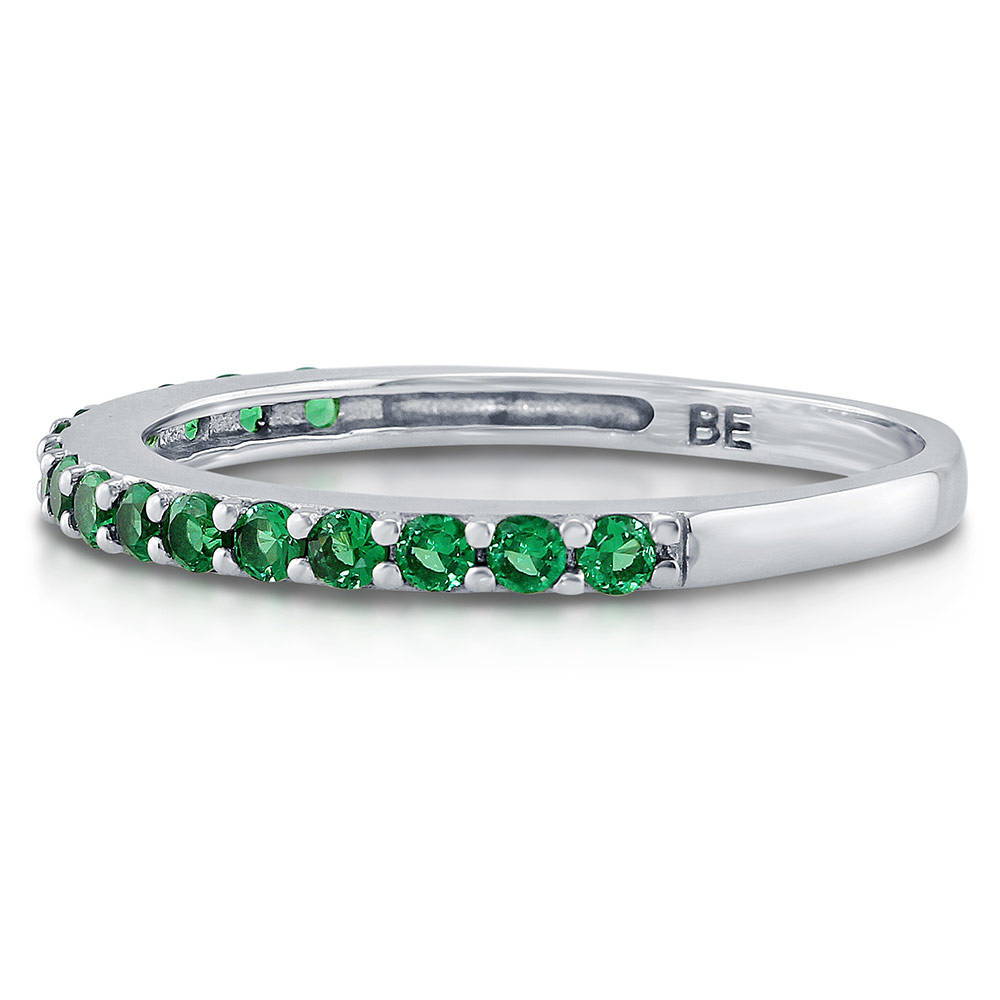 Angle view of Simulated Emerald Pave Set CZ Half Eternity Ring in Sterling Silver, 5 of 7
