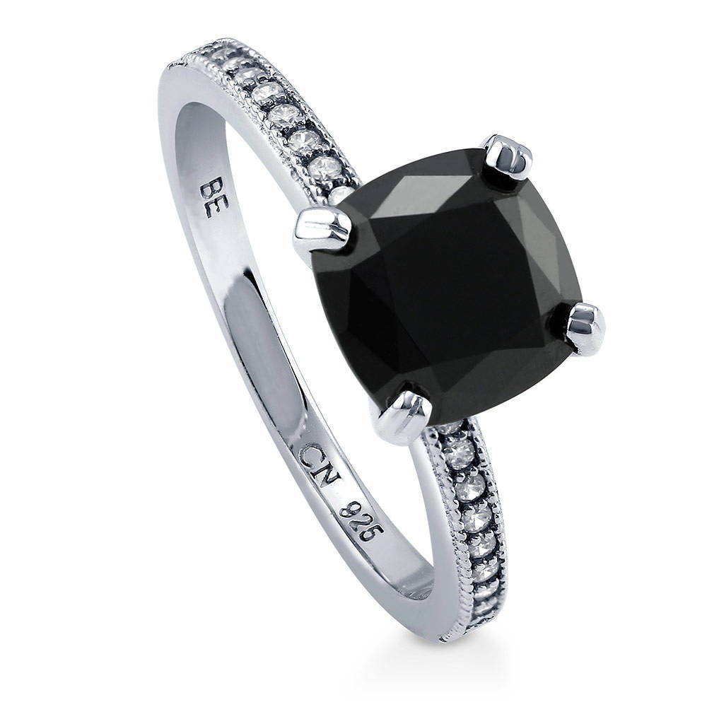 Front view of Solitaire 3ct Black Cushion CZ Ring in Sterling Silver