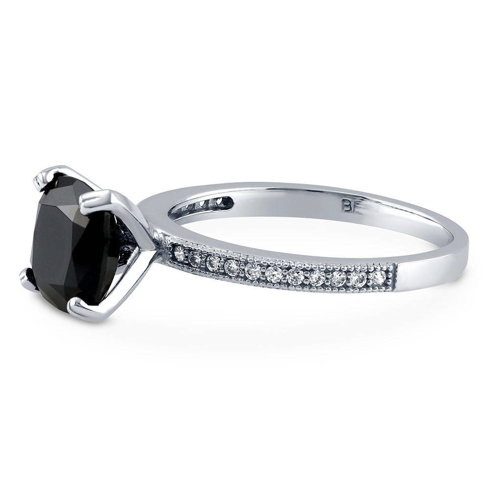 Angle view of Solitaire 3ct Black Cushion CZ Ring in Sterling Silver