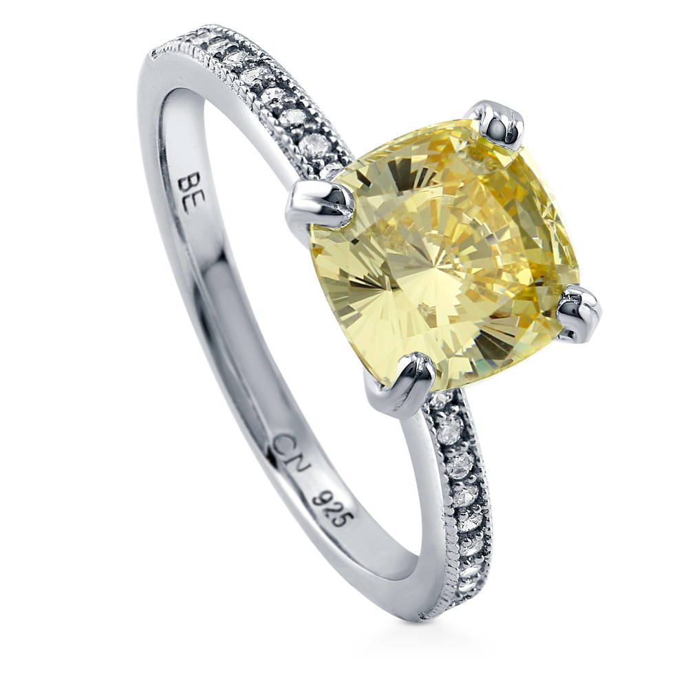 Front view of Solitaire 3ct Canary Yellow Cushion CZ Ring in Sterling Silver