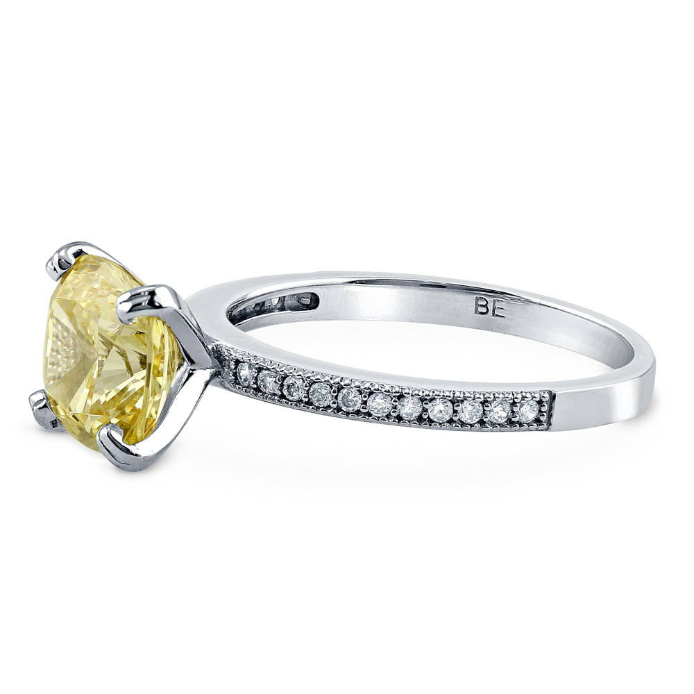 Angle view of Solitaire 3ct Canary Yellow Cushion CZ Ring in Sterling Silver