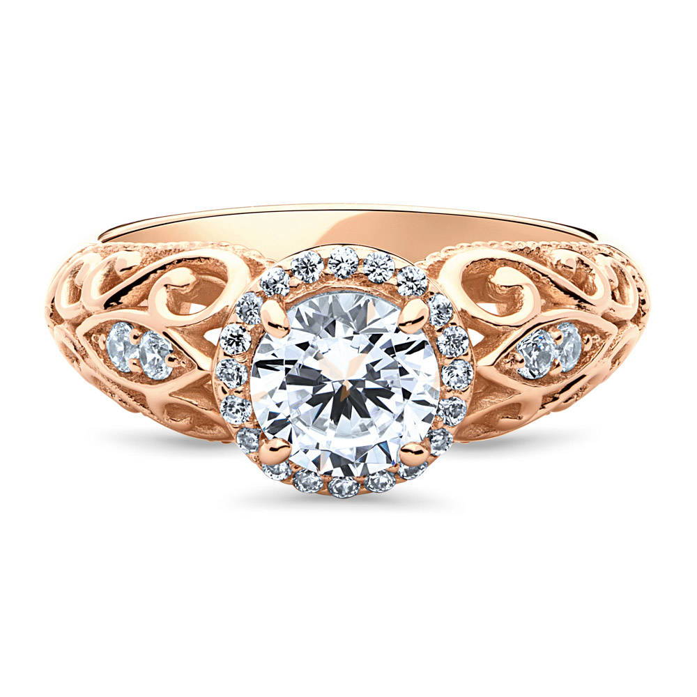 Halo Art Deco Round CZ Ring in Rose Gold Plated Sterling Silver