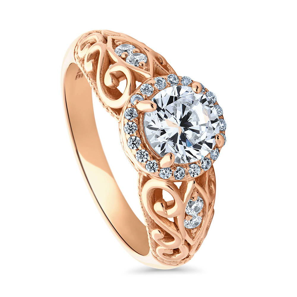 Front view of Halo Art Deco Round CZ Ring in Rose Gold Plated Sterling Silver