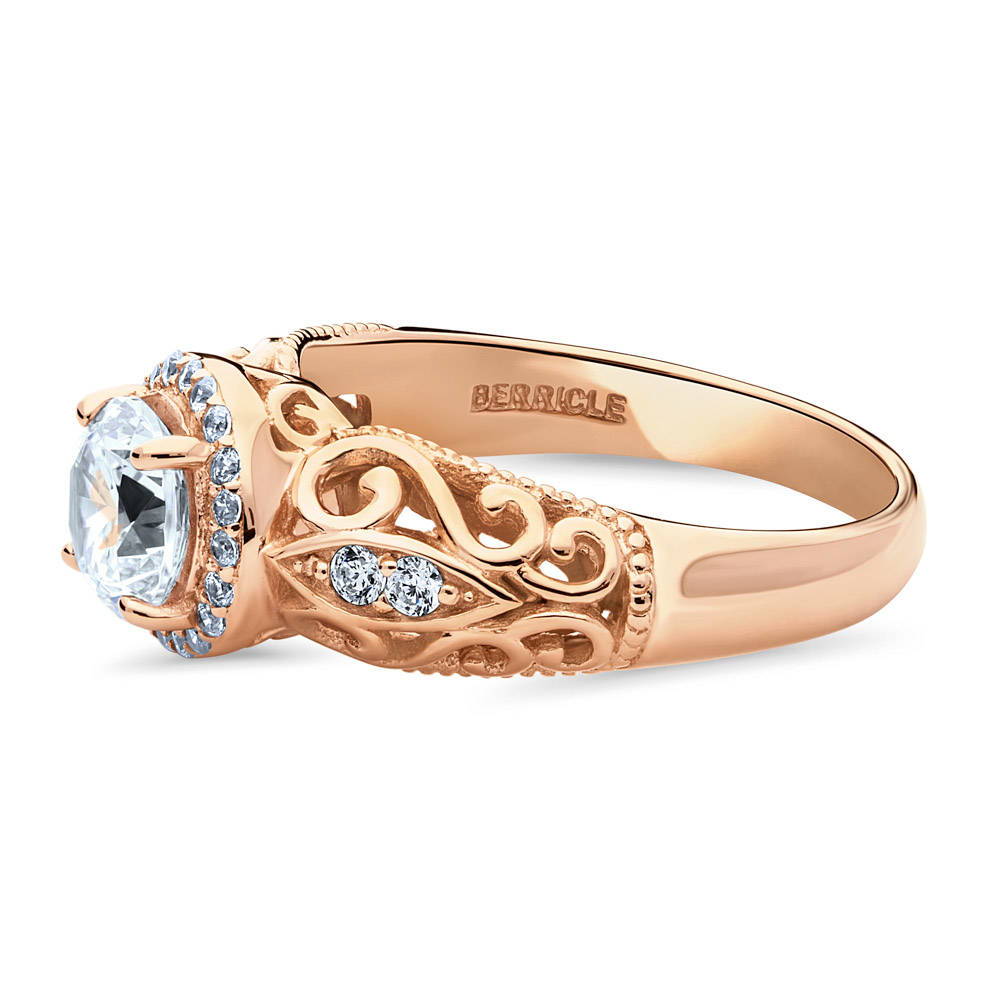 Angle view of Halo Art Deco Round CZ Ring in Rose Gold Plated Sterling Silver
