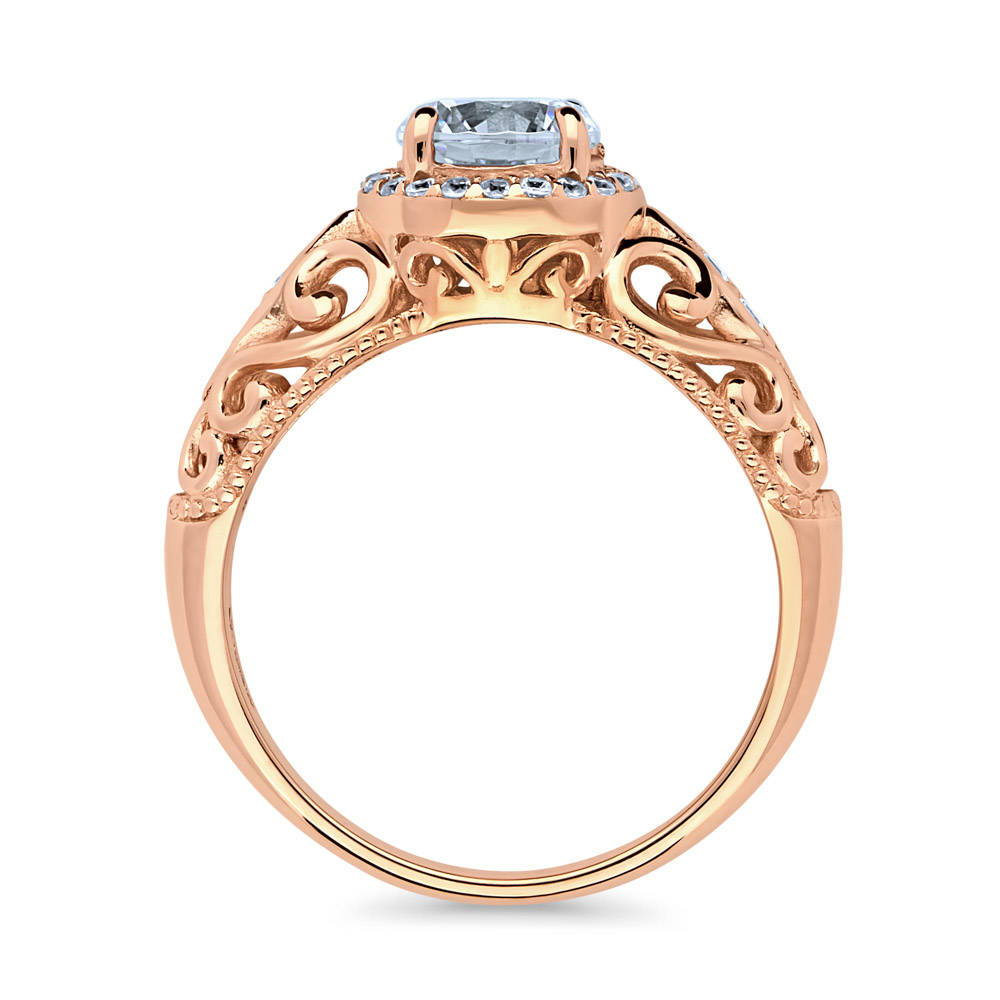 Alternate view of Halo Art Deco Round CZ Ring in Rose Gold Plated Sterling Silver