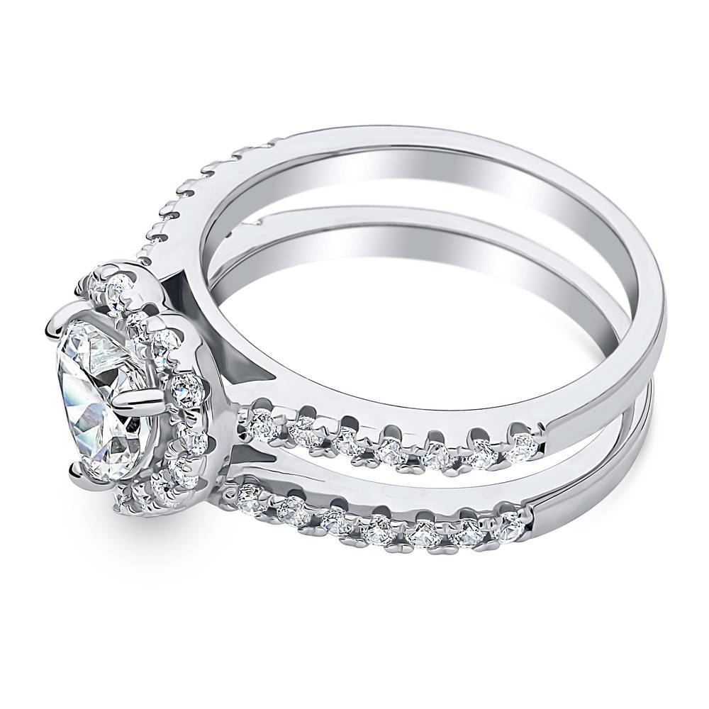 Angle view of Halo Heart CZ Ring in Sterling Silver