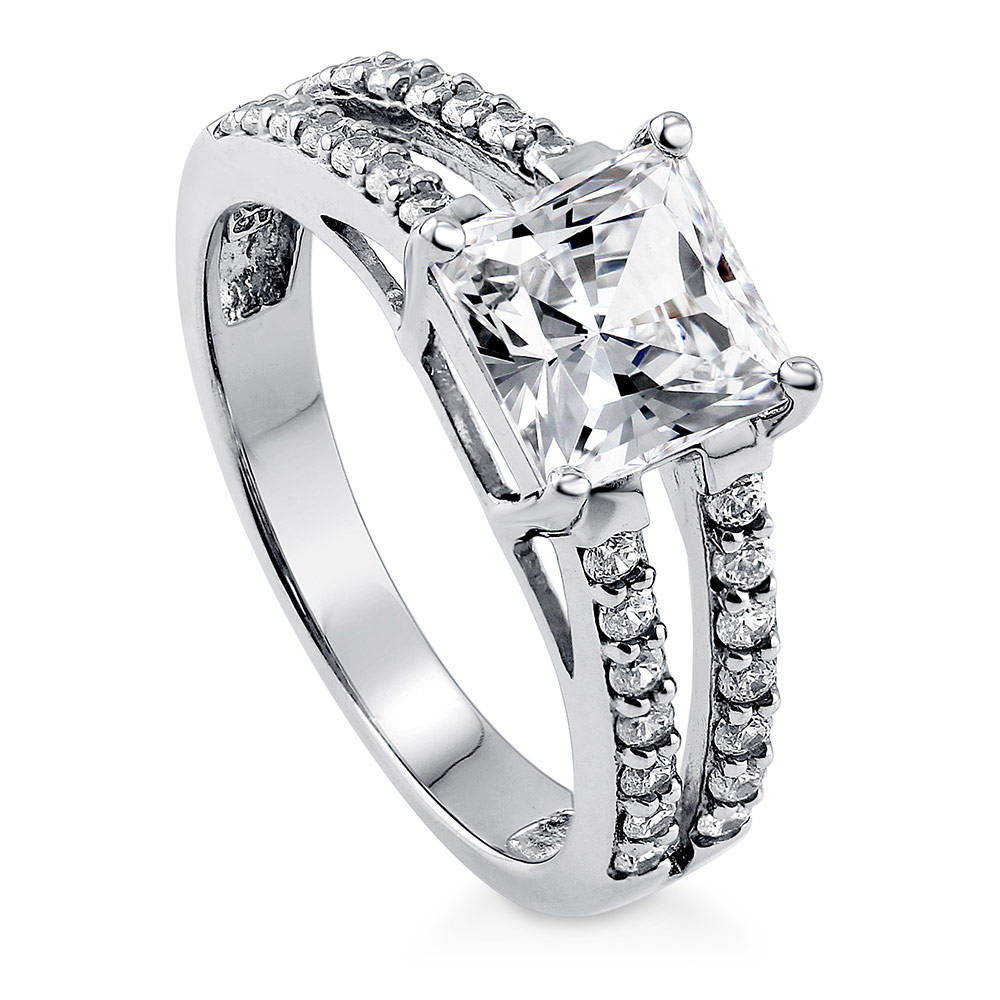 Front view of Solitaire 2ct Princess CZ Split Shank Ring in Sterling Silver