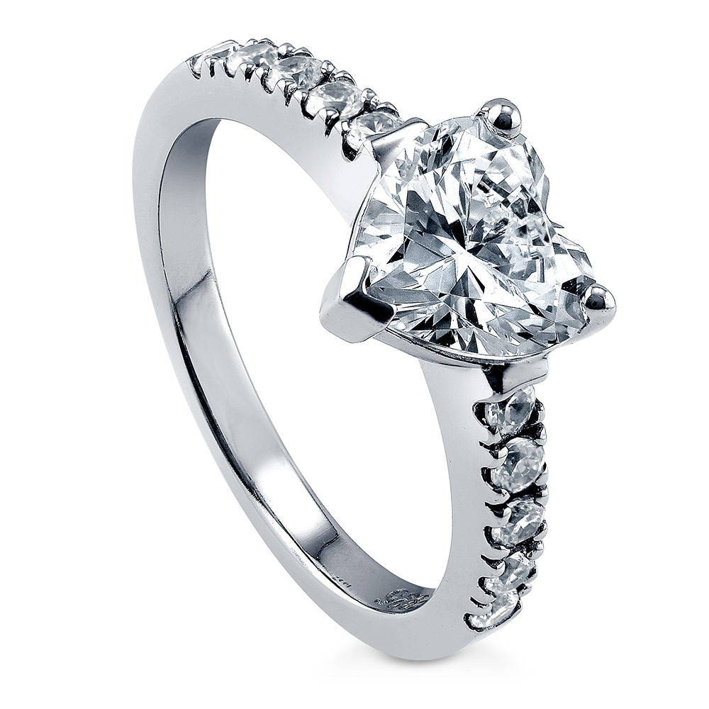 Front view of Solitaire Heart 1.7ct CZ Ring in Sterling Silver