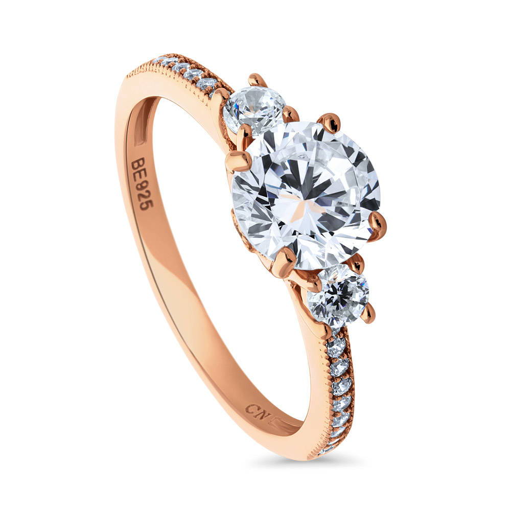 Front view of 3-Stone Round CZ Ring in Rose Gold Plated Sterling Silver, 3 of 7