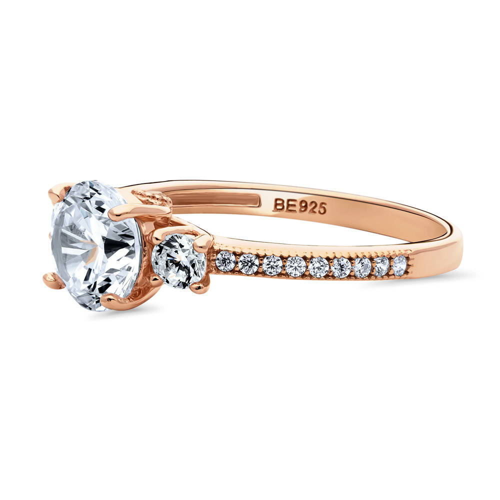 Angle view of 3-Stone Round CZ Ring in Rose Gold Plated Sterling Silver