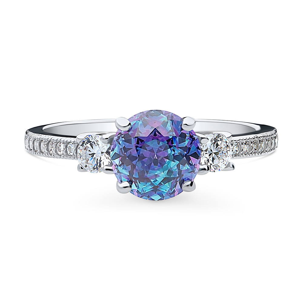 3-Stone Kaleidoscope Purple Aqua Round CZ Ring in Sterling Silver