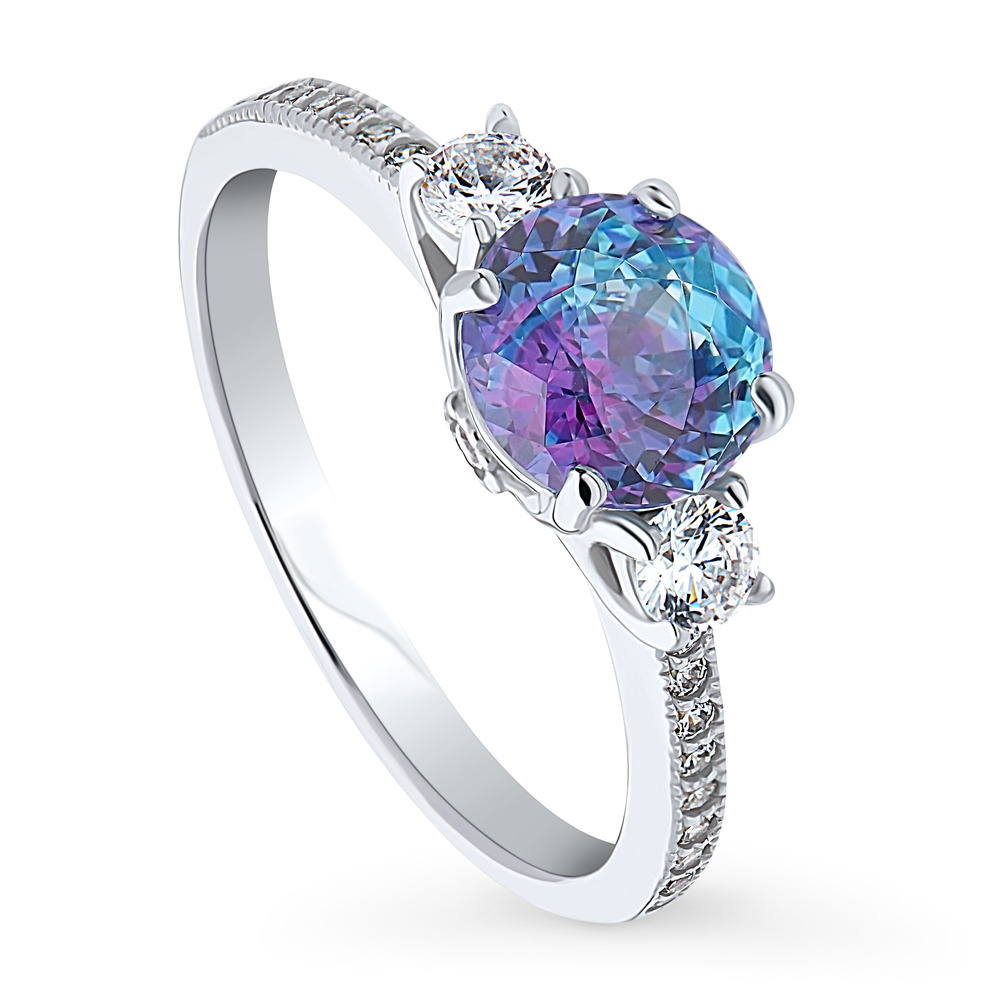 Front view of 3-Stone Kaleidoscope Purple Aqua Round CZ Ring in Sterling Silver