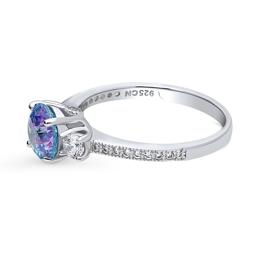 Angle view of 3-Stone Kaleidoscope Purple Aqua Round CZ Ring in Sterling Silver