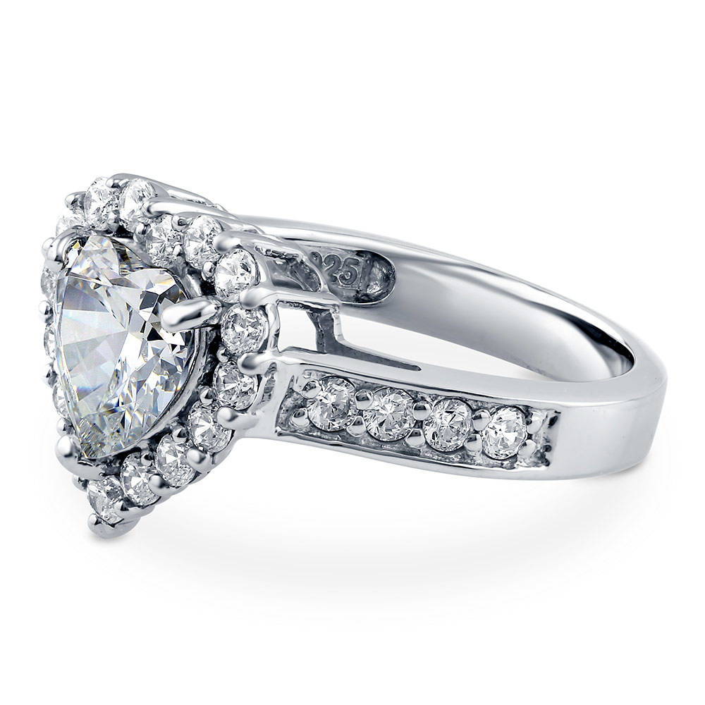 Angle view of Halo Heart CZ Ring in Sterling Silver