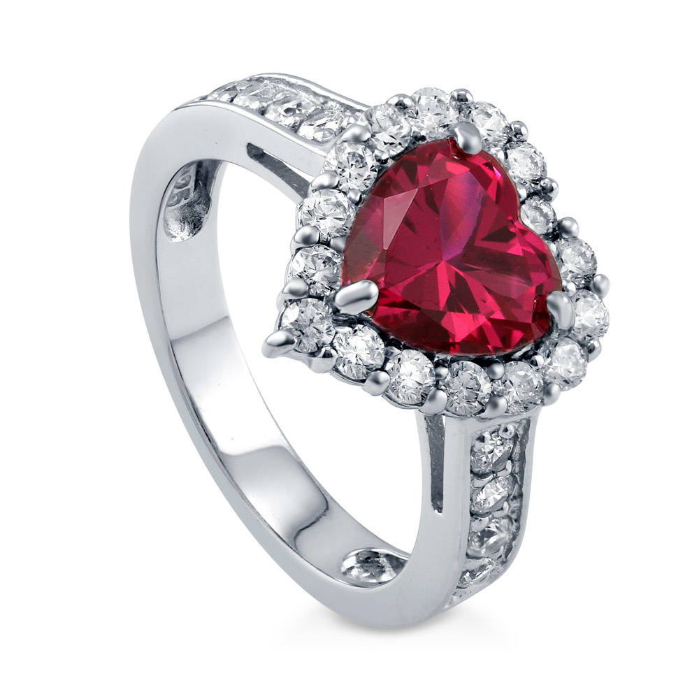 Front view of Halo Heart Simulated Ruby CZ Ring in Sterling Silver