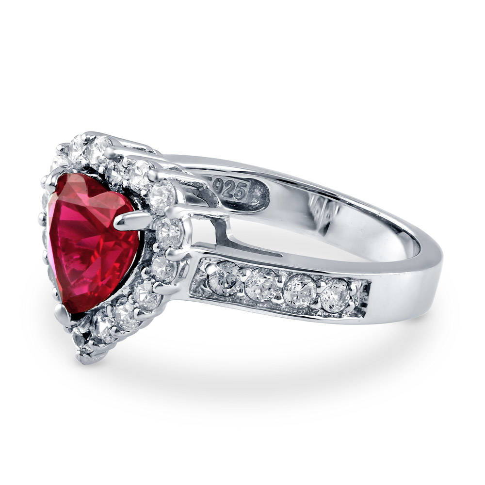 Angle view of Halo Heart Simulated Ruby CZ Ring in Sterling Silver