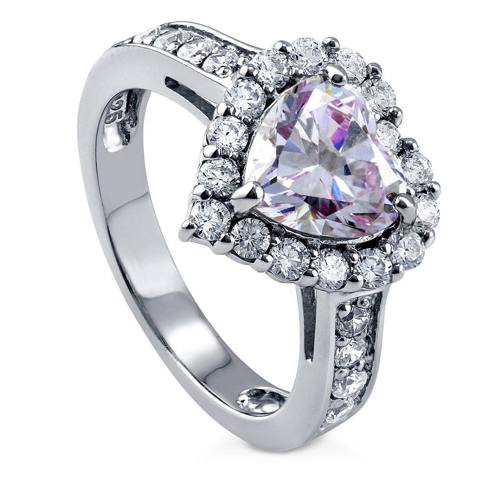 Front view of Halo Heart Purple CZ Ring in Sterling Silver