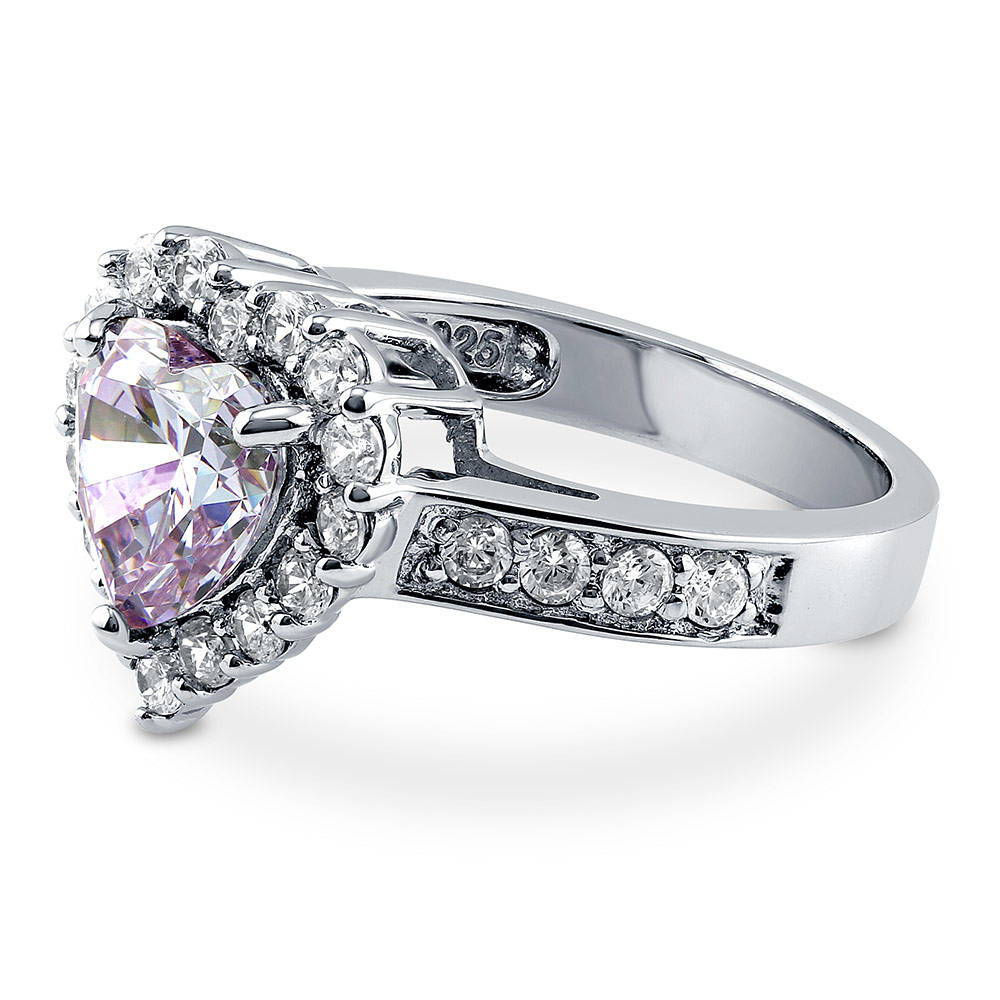 Angle view of Halo Heart Purple CZ Ring in Sterling Silver