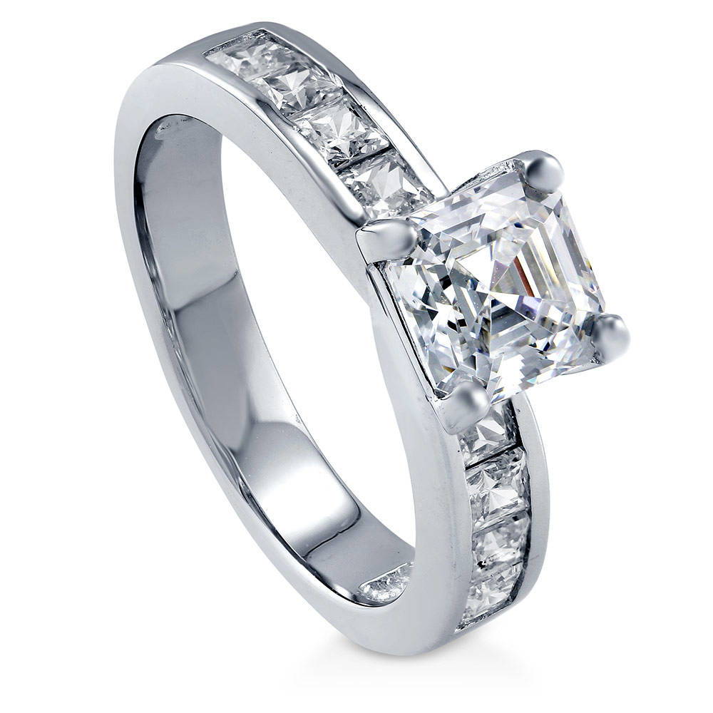 Front view of Solitaire 1.6ct Asscher CZ Ring in Sterling Silver